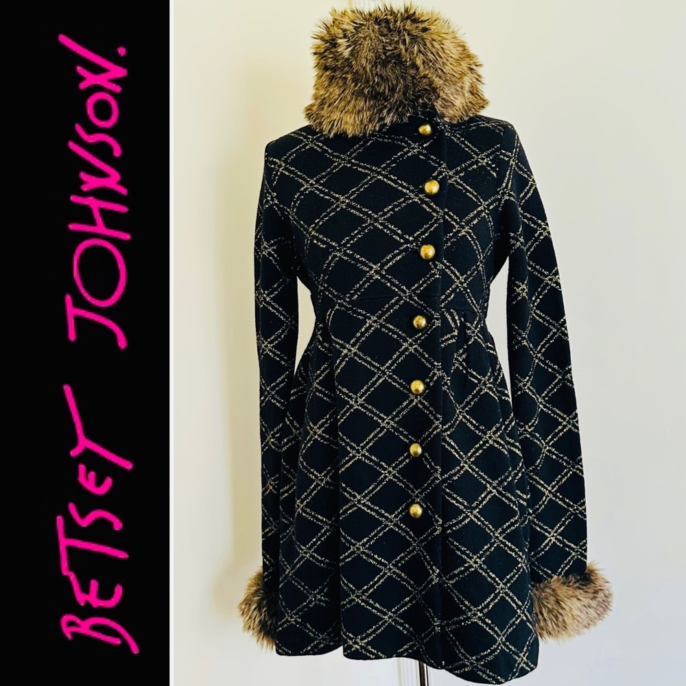NWOT Betsey Johnson Gold Lamè Fur Trim Knit Coat